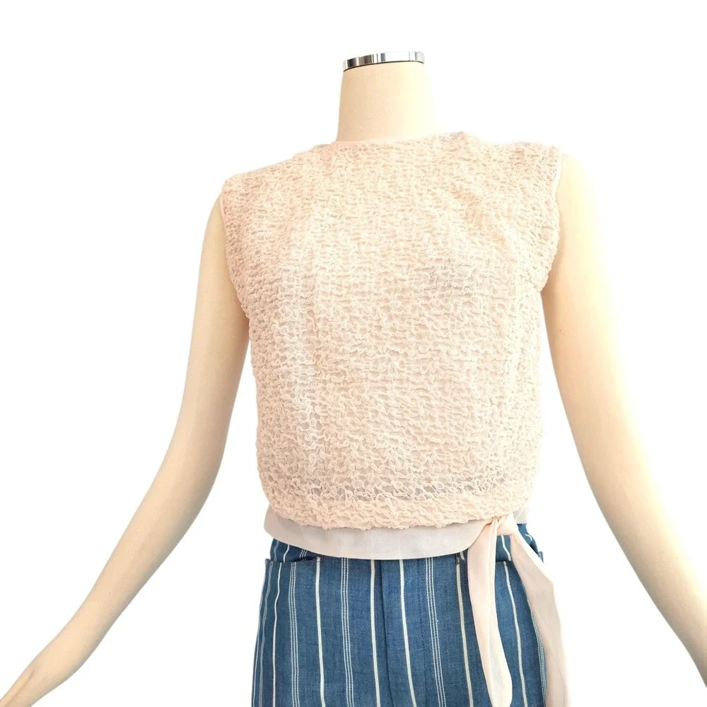 Vintage 1960's Pink Textured Blouse Top Shirt Majorette Tie Waist Band - Picture 8 of 13